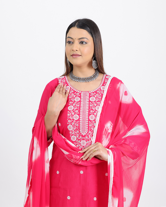 Pure Vatican Silk Pink Suit with Chiffon Bandhani Dupatta and Hand Embroidered Work