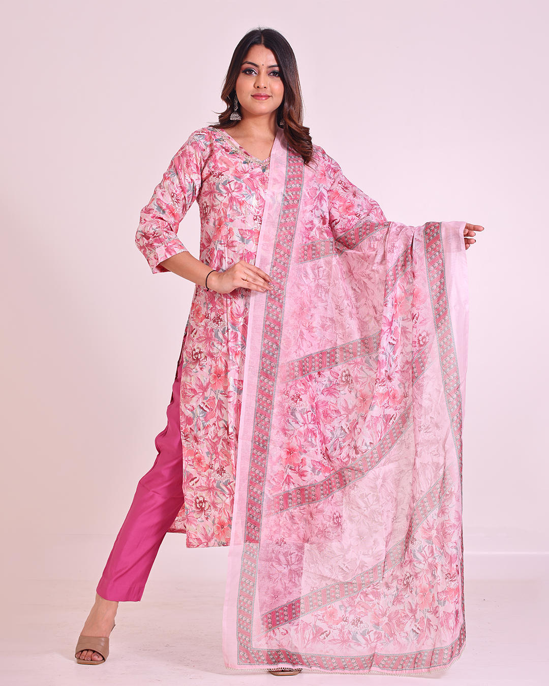 Pure Muslin Silk Baby Pink Digital Dupatta Set with Sequence Work