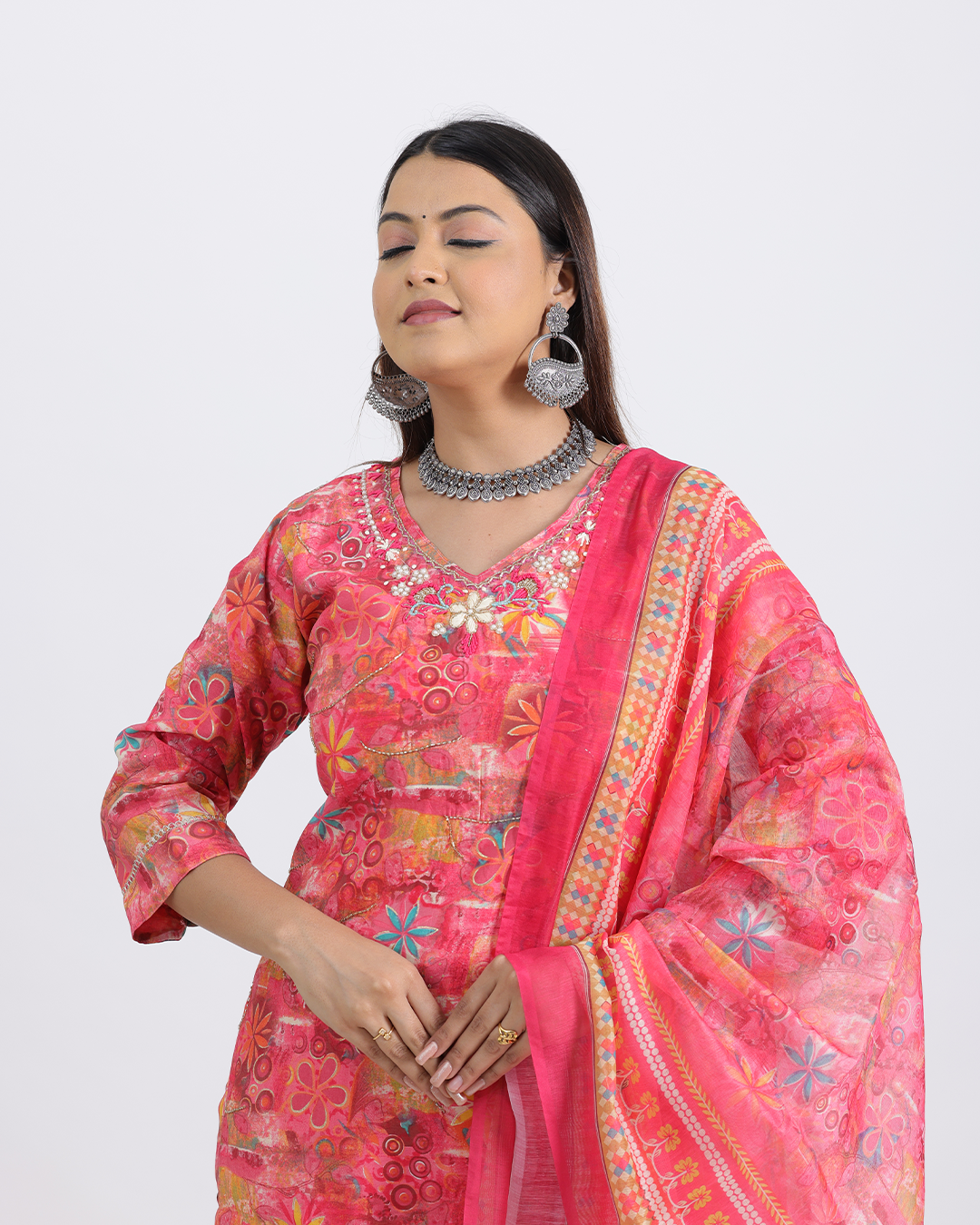 Pure Muslin Silk Yellow and Orange Suit with Digital Print Dupatta and Hand Work on Neck