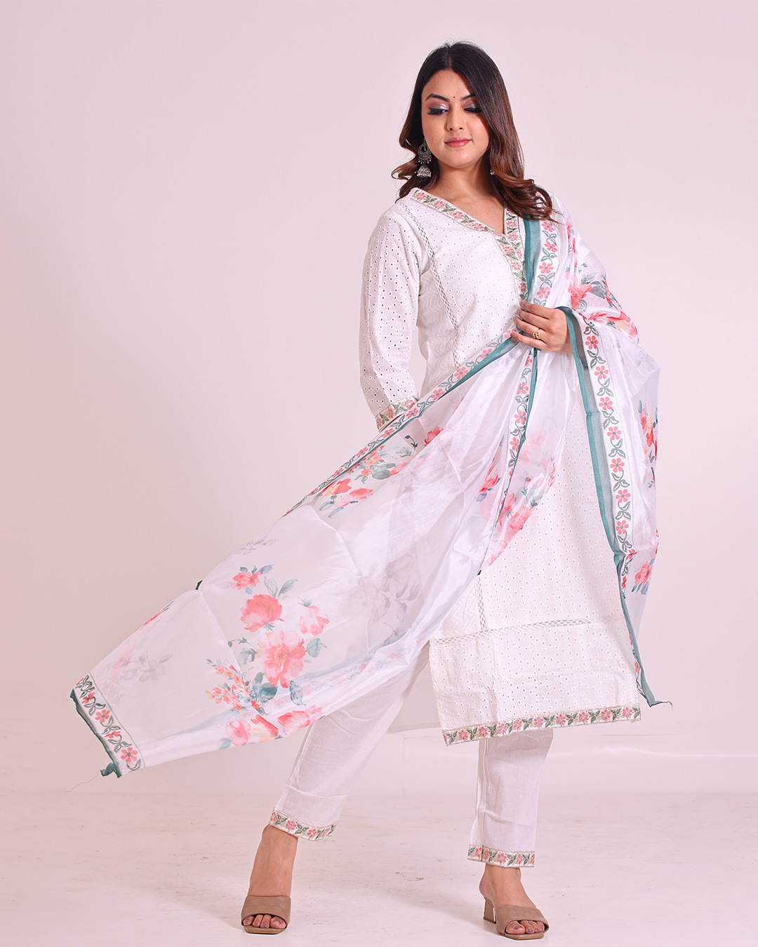 Pure Cotton White Chikankari Suit with Lace Work on Neck and Organza Dupatta