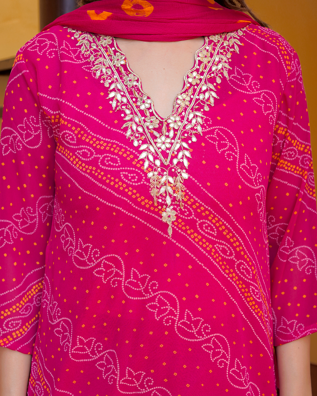 Pure Chiffon Pink Bandhej Suit with Bandhani Dupatta and Pant Set in Pure Gotta Patti Work