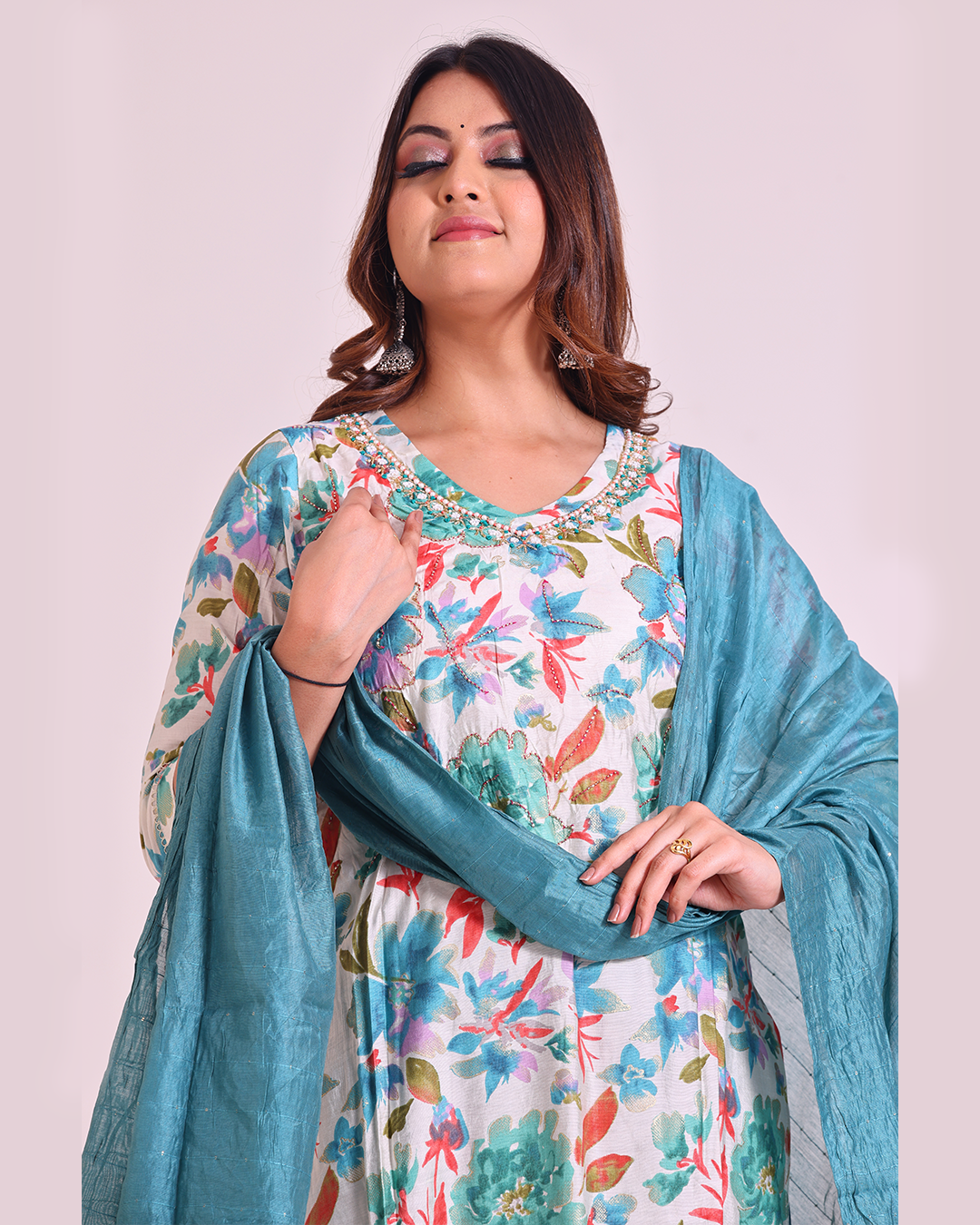 Pure Muslin White-Based Colorful Mulmul Dupatta Set with Sequence Work