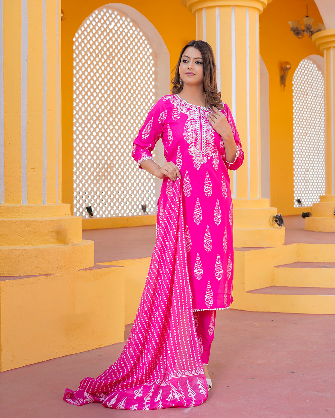 Pure Cotton Pink Suit in Bangru Print with Thread and Mirror Work