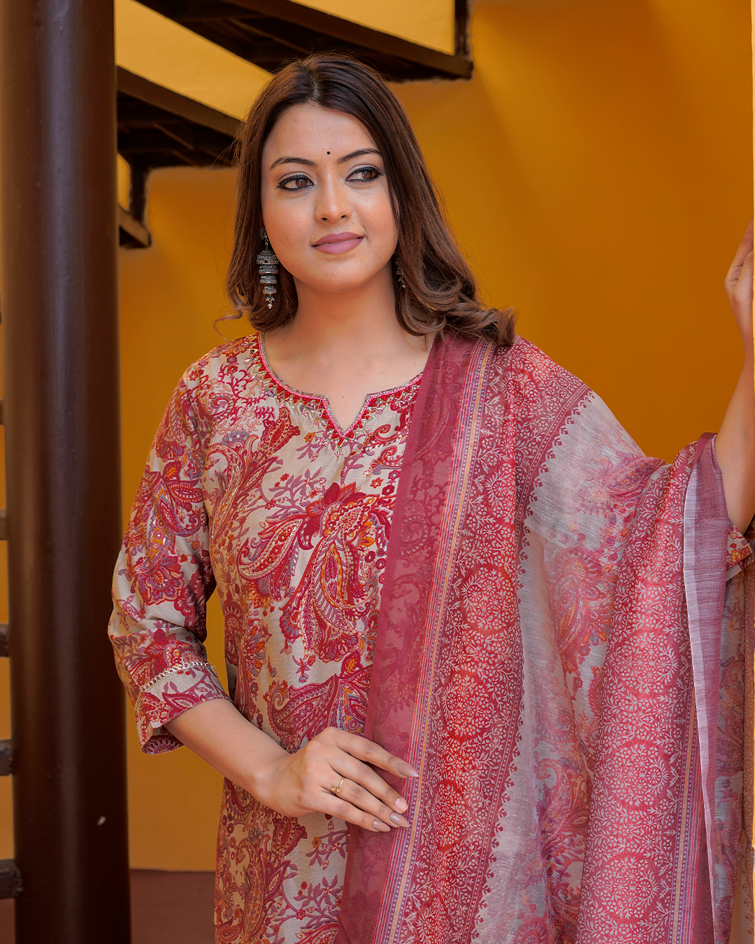 Pure Silk Onion and Maroon Kalamkari Print Suit with Digital Print Dupatta