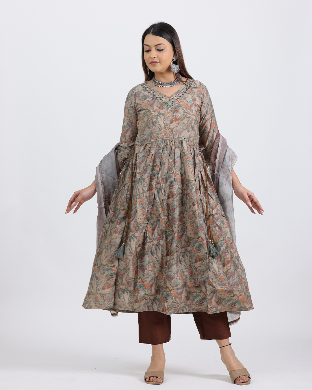 Pure Muslin Silk Brown Frock Suit with Digital Print Dupatta and Sequence Work