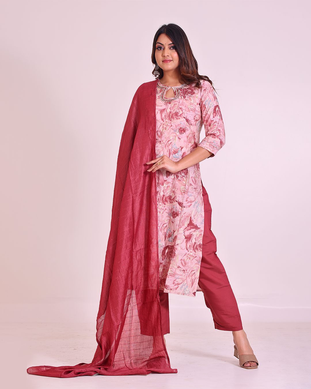 Peach and Maroon Pure Muslin Silk Suit with Silk Dupatta and Stylish Handworked Neck