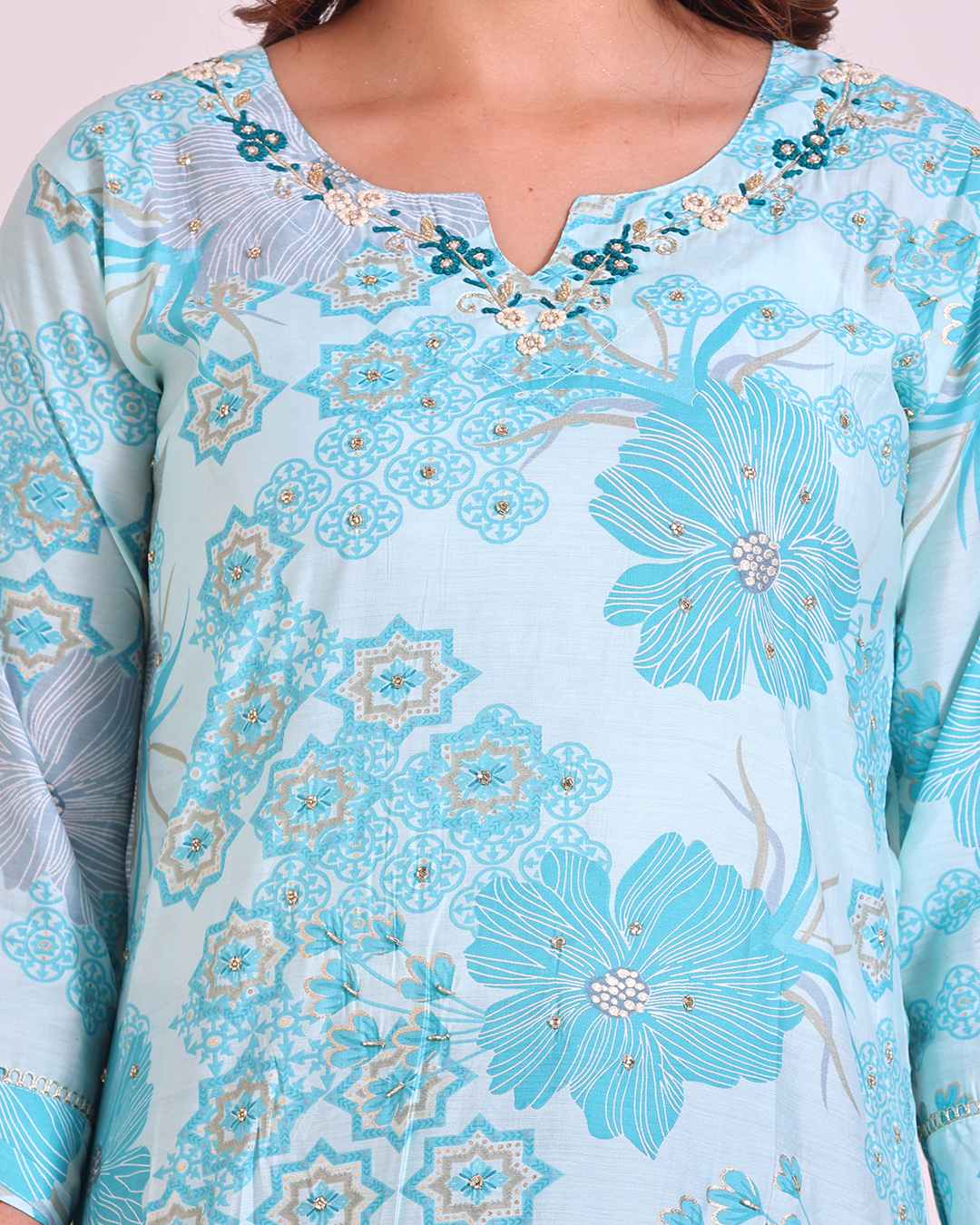 Pure Muslin Silk Sky Blue Dupatta Set with Hand Embroidery