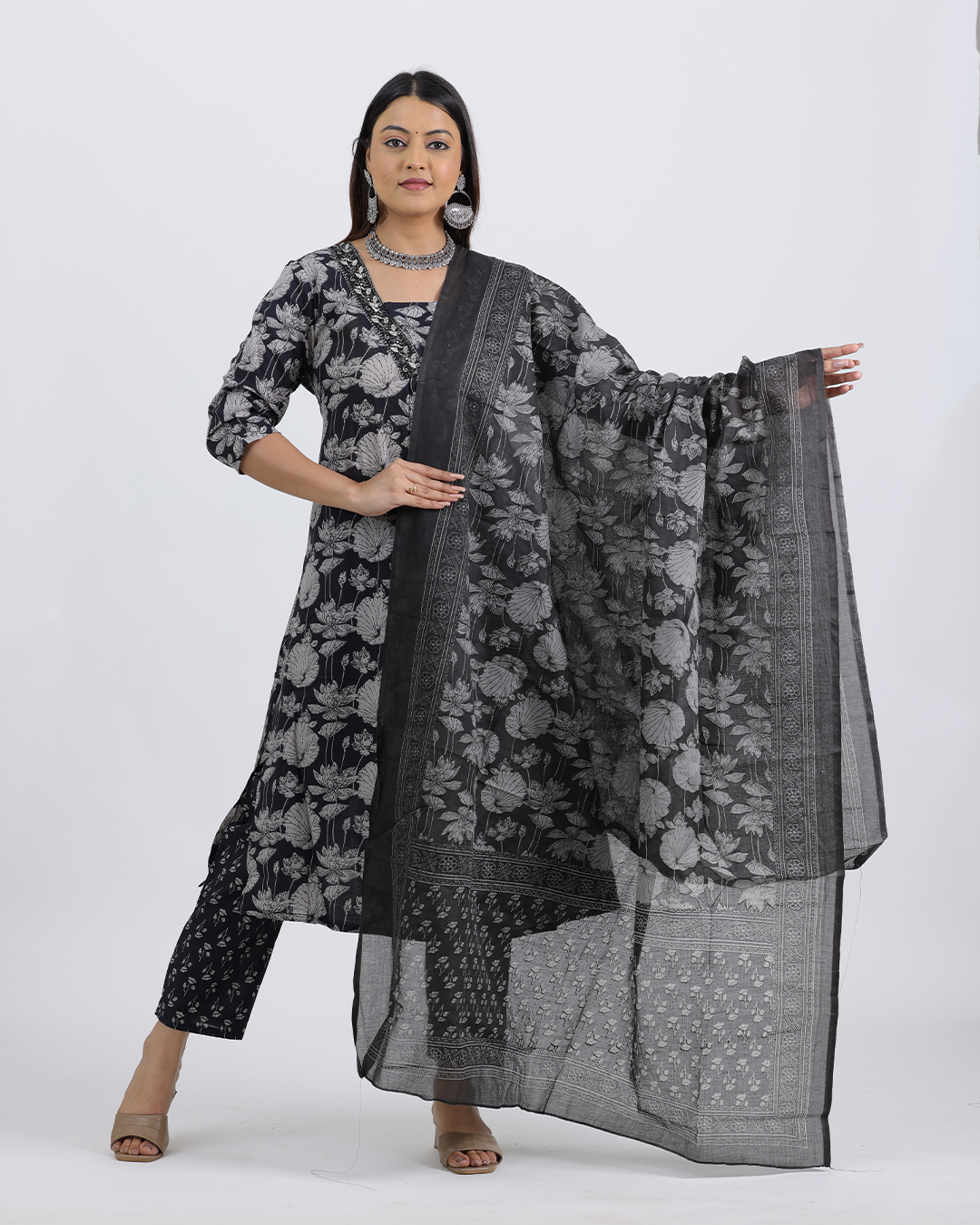 Pure Cotton Black Suit with Digital Print Dupatta and V-Laced Neckline
