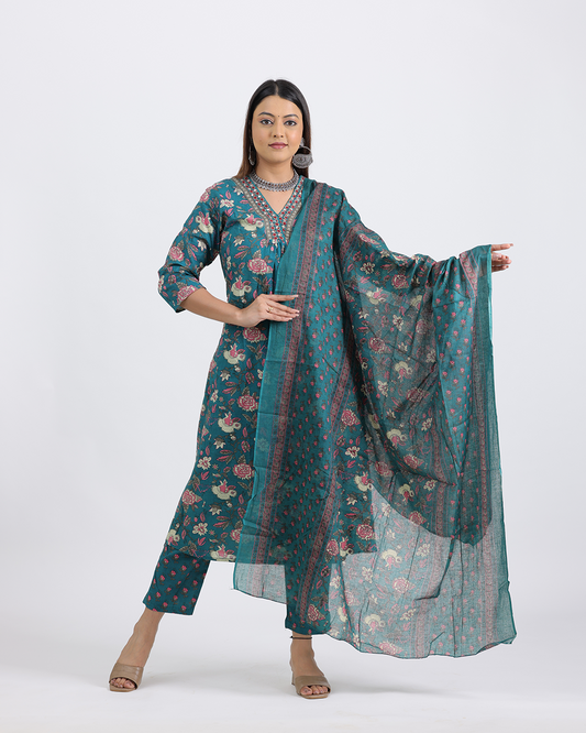 Pure Cotton Firoza Color Digital Print Dupatta Set with Laced Neck