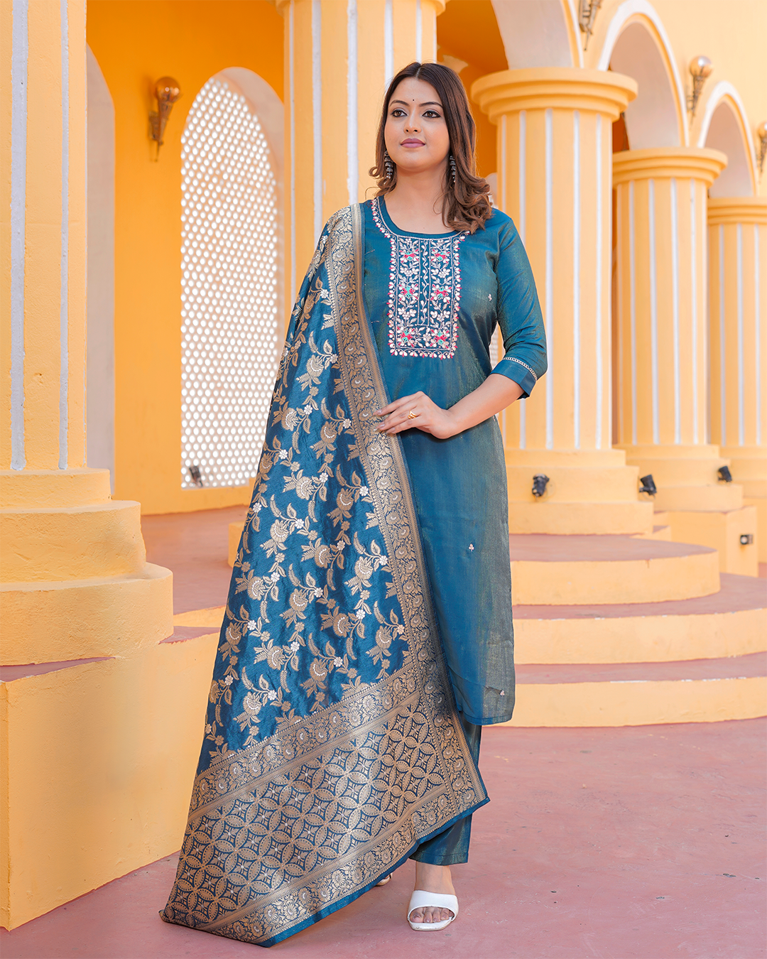 Pure Silk Peacock Blue Suit with Heavy Gotta Patti Work and Banarasi Dupatta