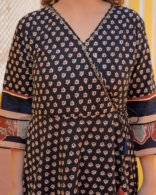 Pure Cotton Black Angrakha Frock Suit with Ajrakh Print