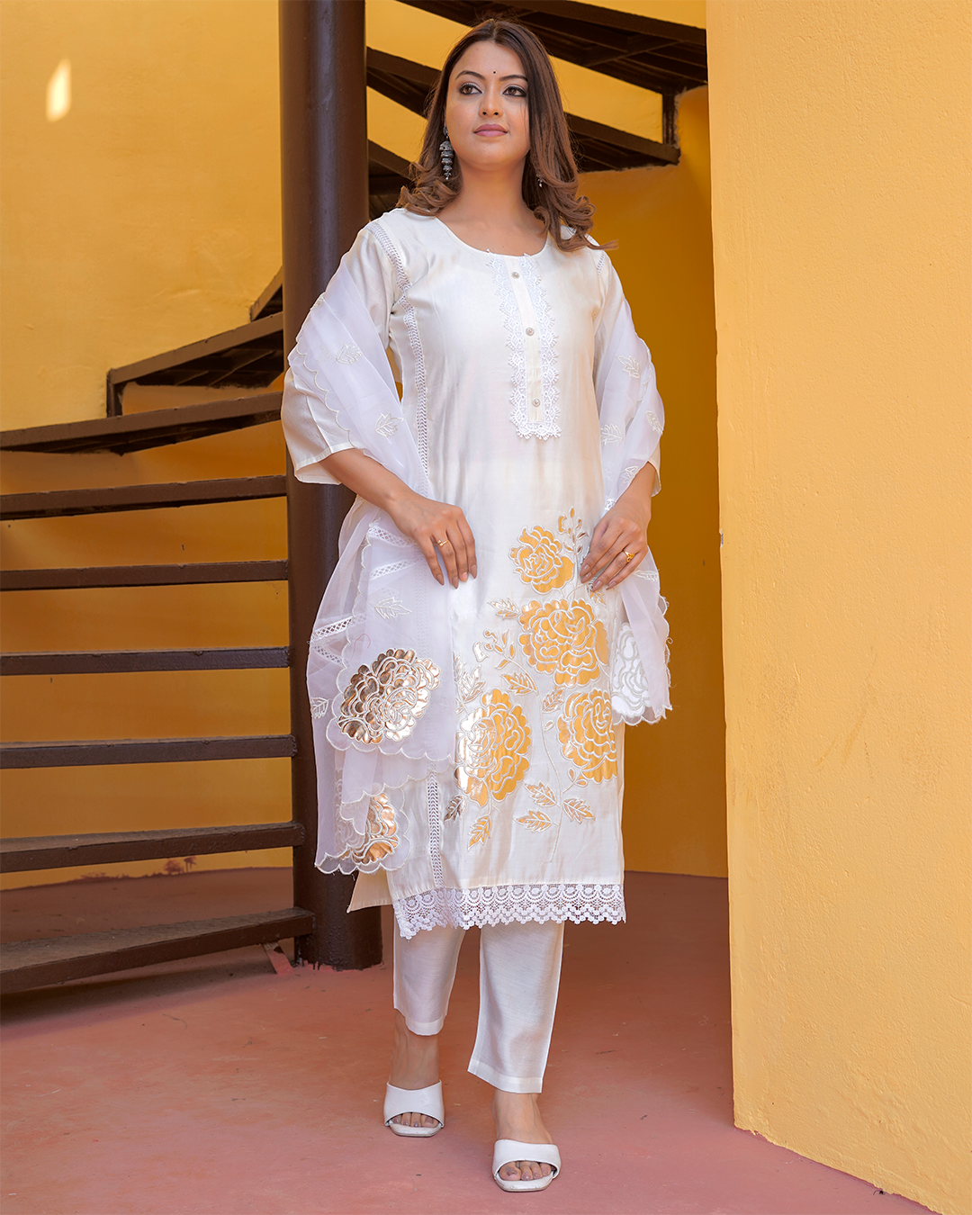 Pure Silk White Suit with Net Dupatta and Gold Leather Work