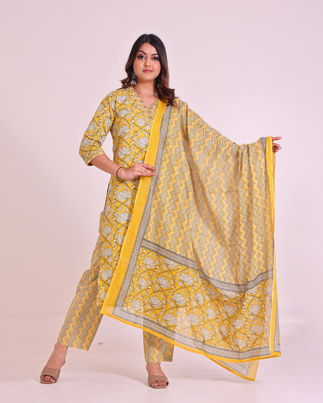 Pure Cotton Yellow V-Neck Digital Print Dupatta Set