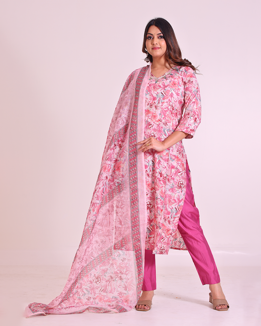 Pure Muslin Silk Baby Pink Digital Dupatta Set with Sequence Work