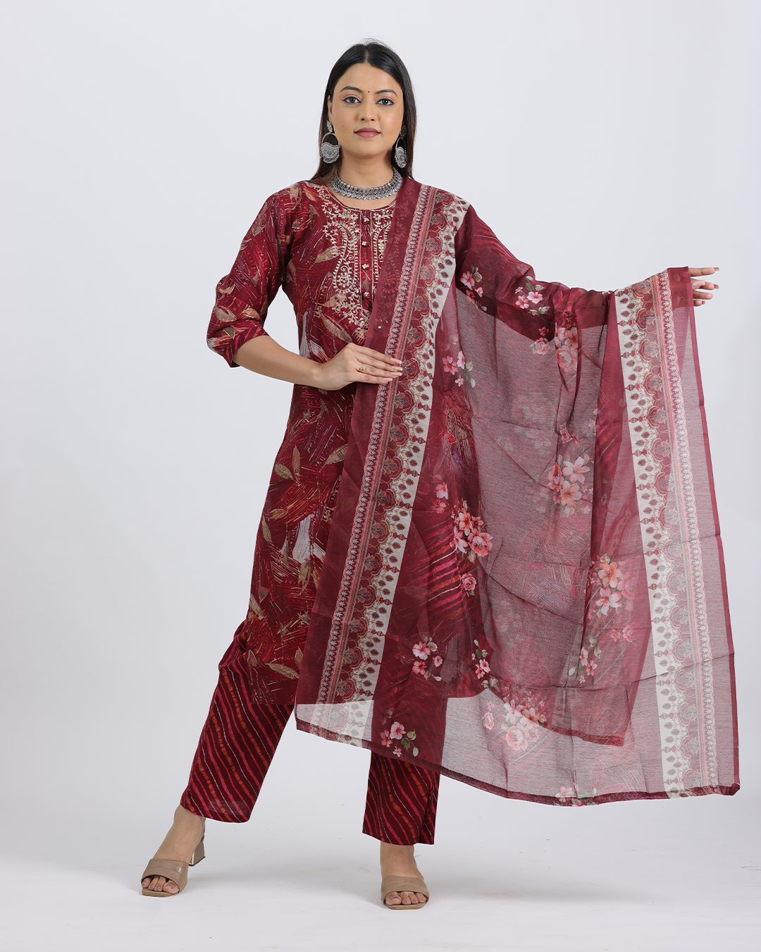 Pure Muslin Silk Maroon Suit with Digital Print Dupatta and Hand Embroidered Neckline