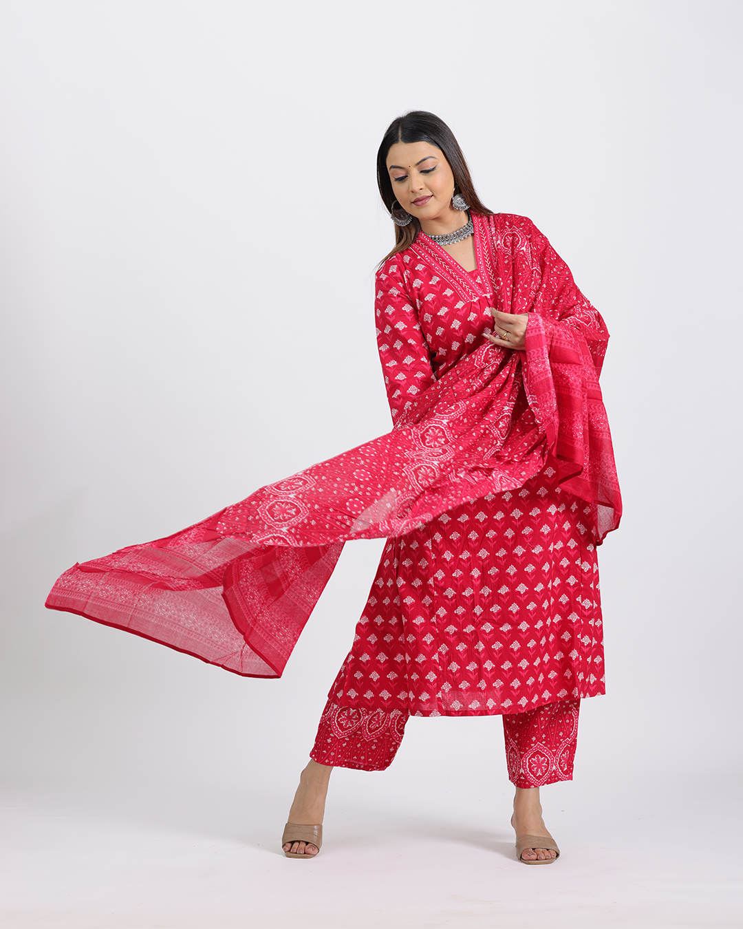 Pure Cotton Pink Digital Dupatta Set with V-Laced Neck