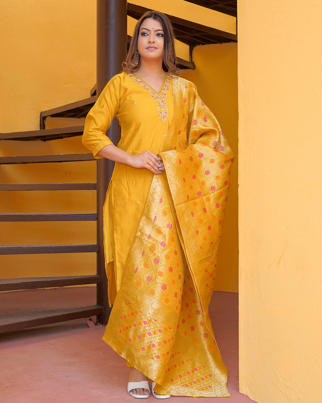 Pure Banarasi Silk Yellow Dupatta Pant Set