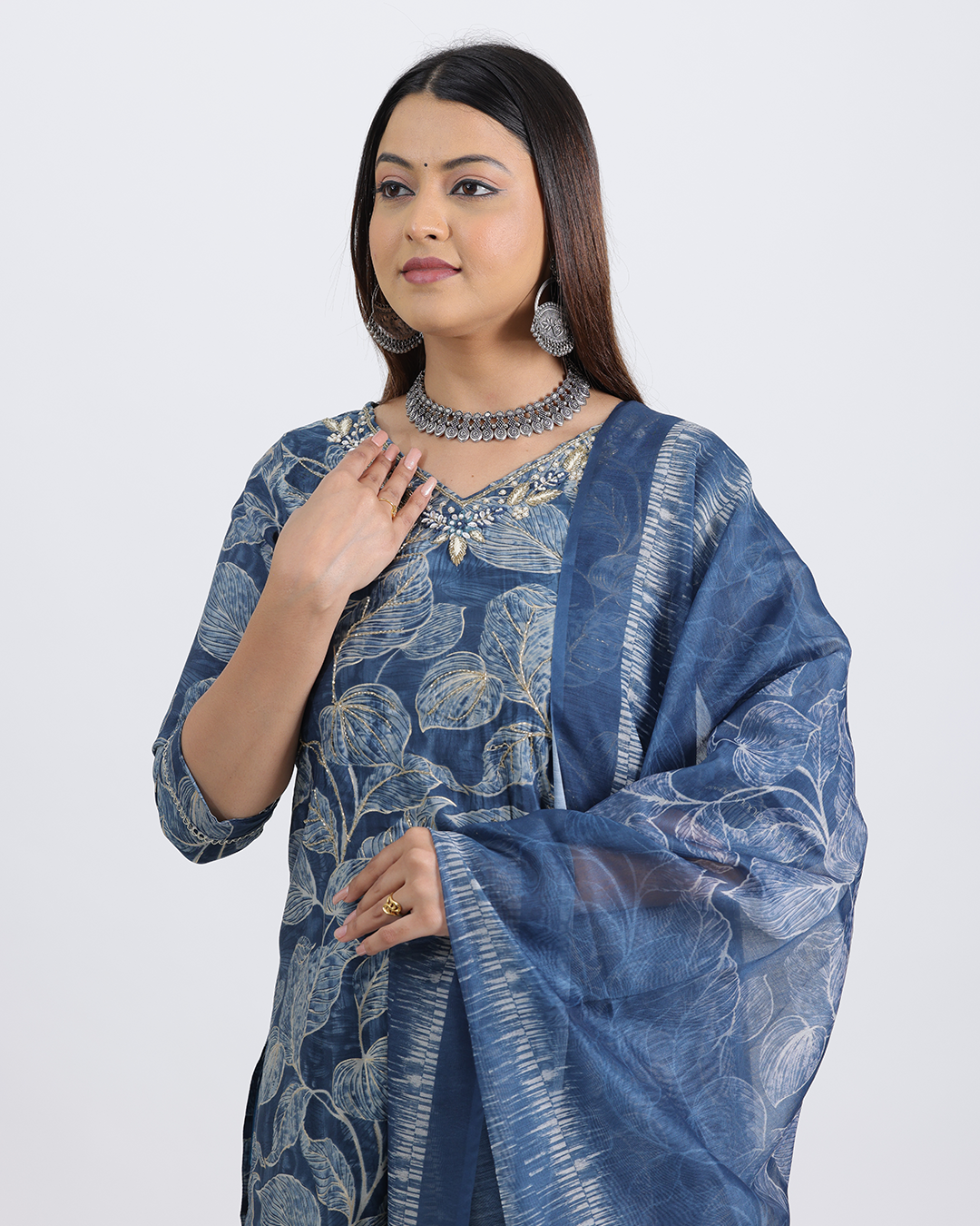 Pure Muslin Silk Royal Blue Suit with Digital Print Dupatta and Sequence Work