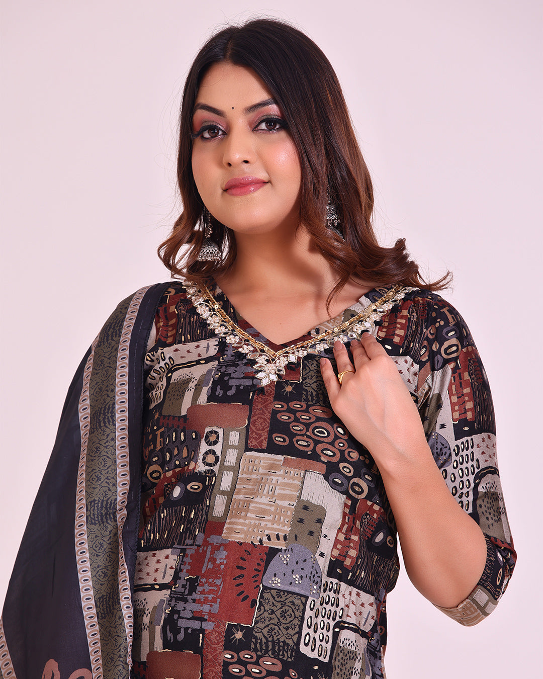 Black Pure Muslin Suit with Digital Print Dupatta and Mirror Work