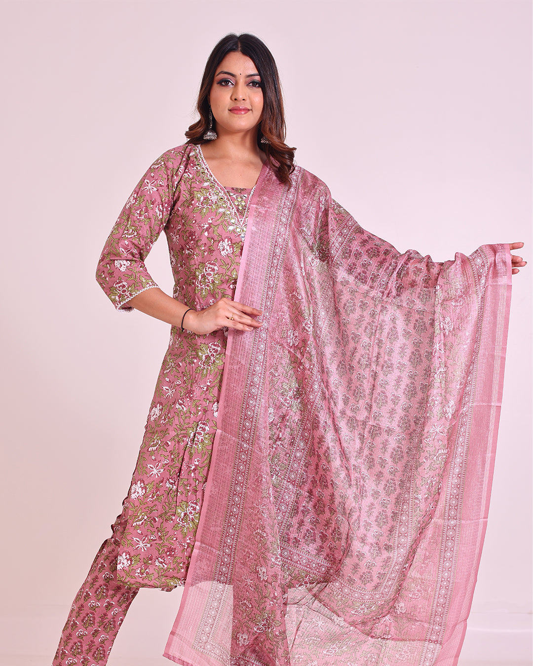 Pure Cotton Onion Pink Digital Print Dupatta Set