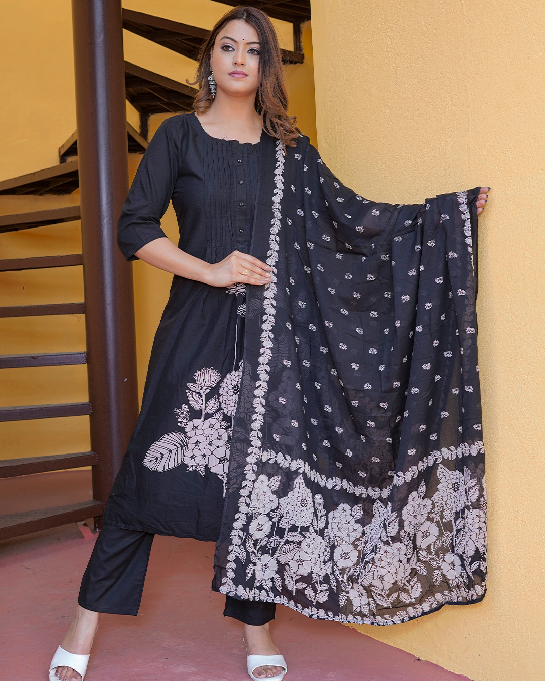 Pure Cotton Black Frock Suit with Cotton Dupatta