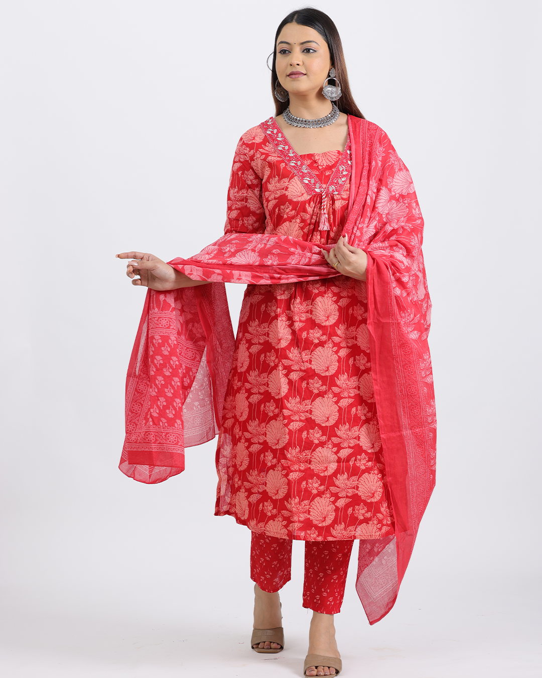 Pure Cotton Red Digital Print Suit with V-Laced Neck and Dupatta