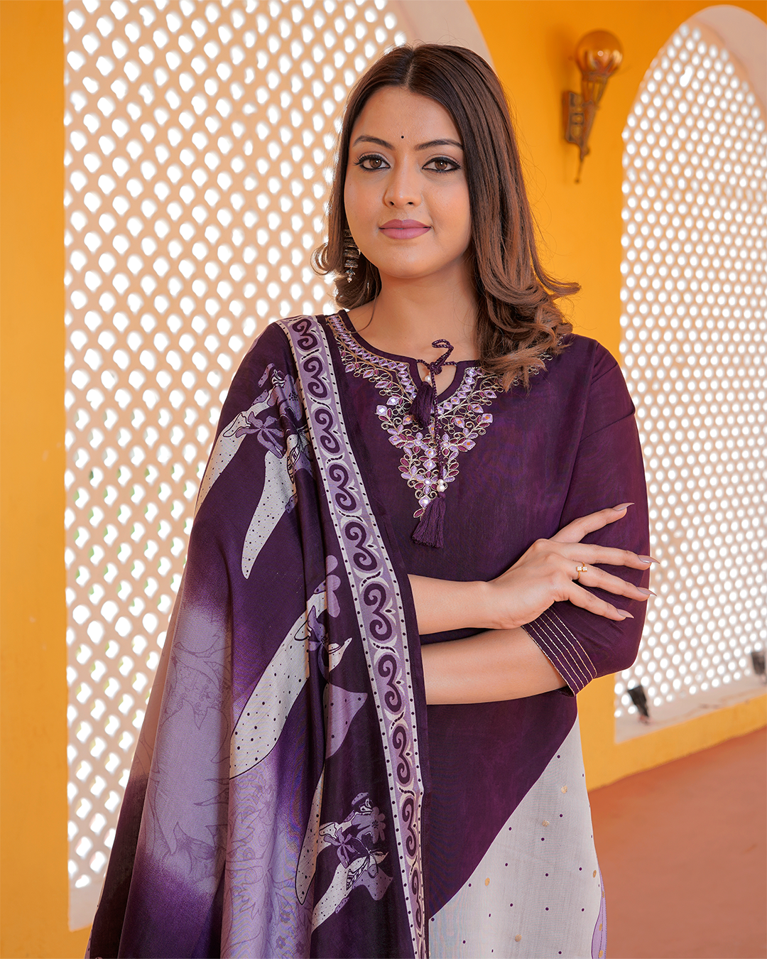 Pure silk wine colour kurta pant set with digital print silk dupatta