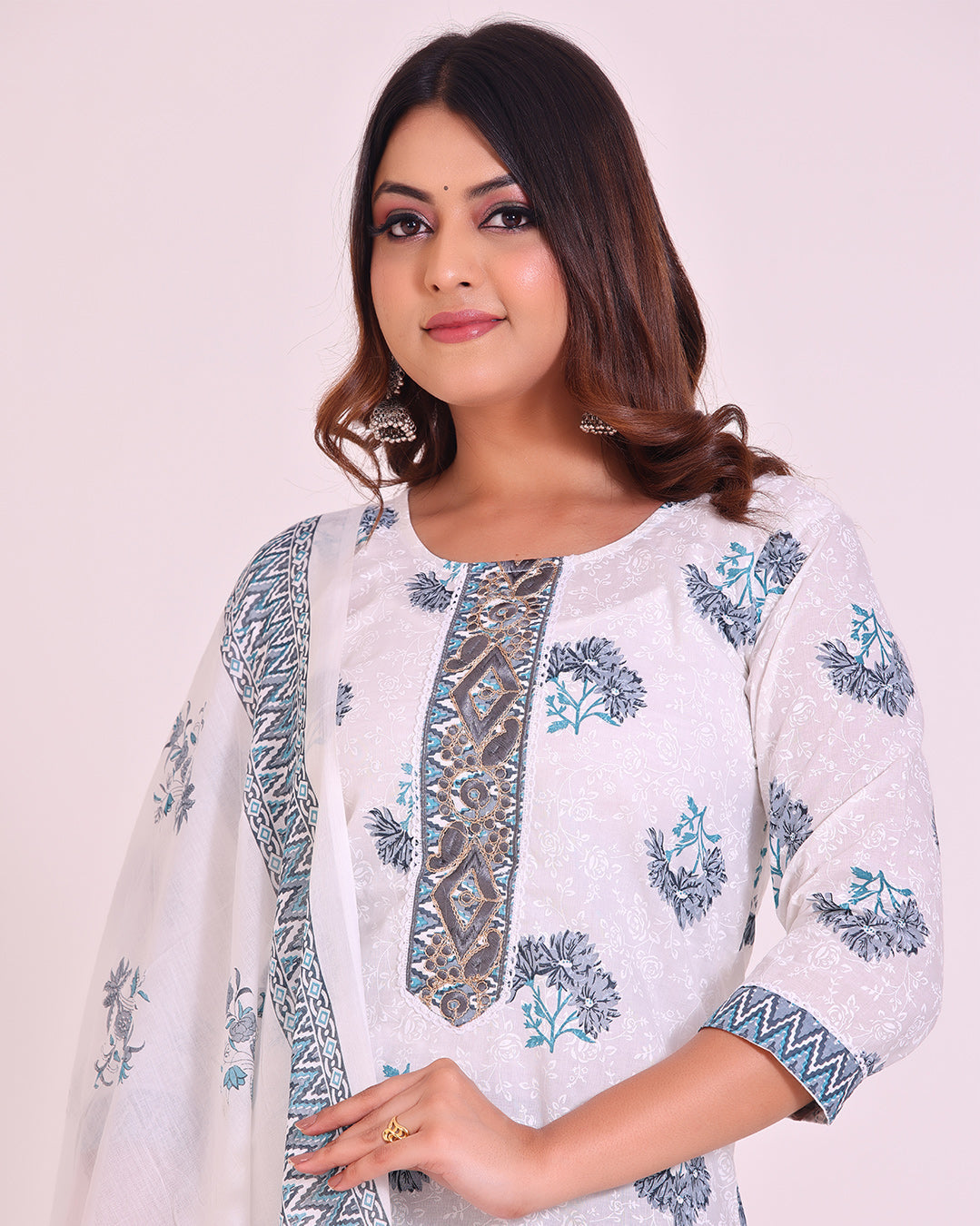 Elegant Blue and White Cotton Suit with Intricate Detailing