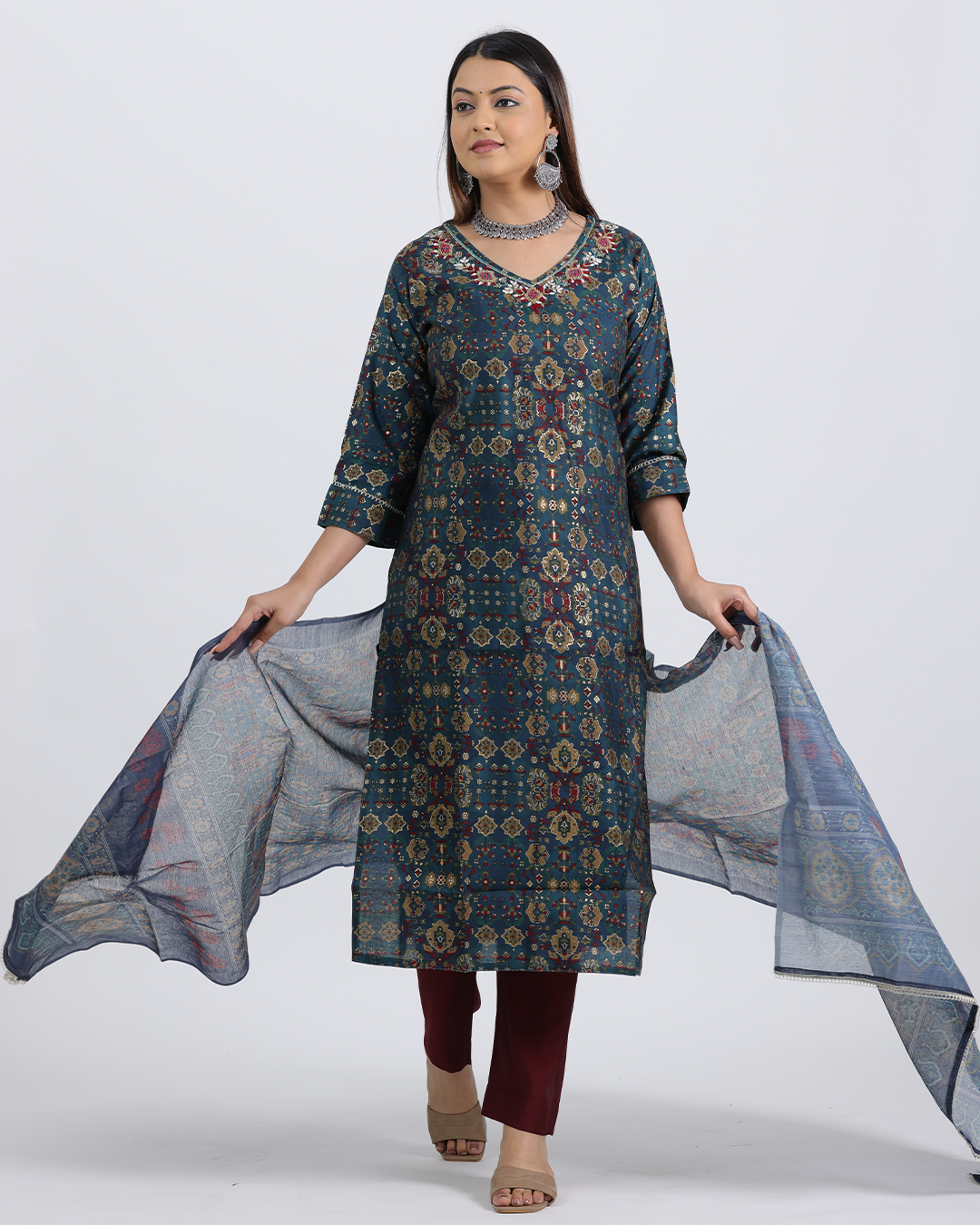 Pure Muslin Silk Dark Green and Maroon Suit with Digital Print Dupatta and Heavy Sequence Work
