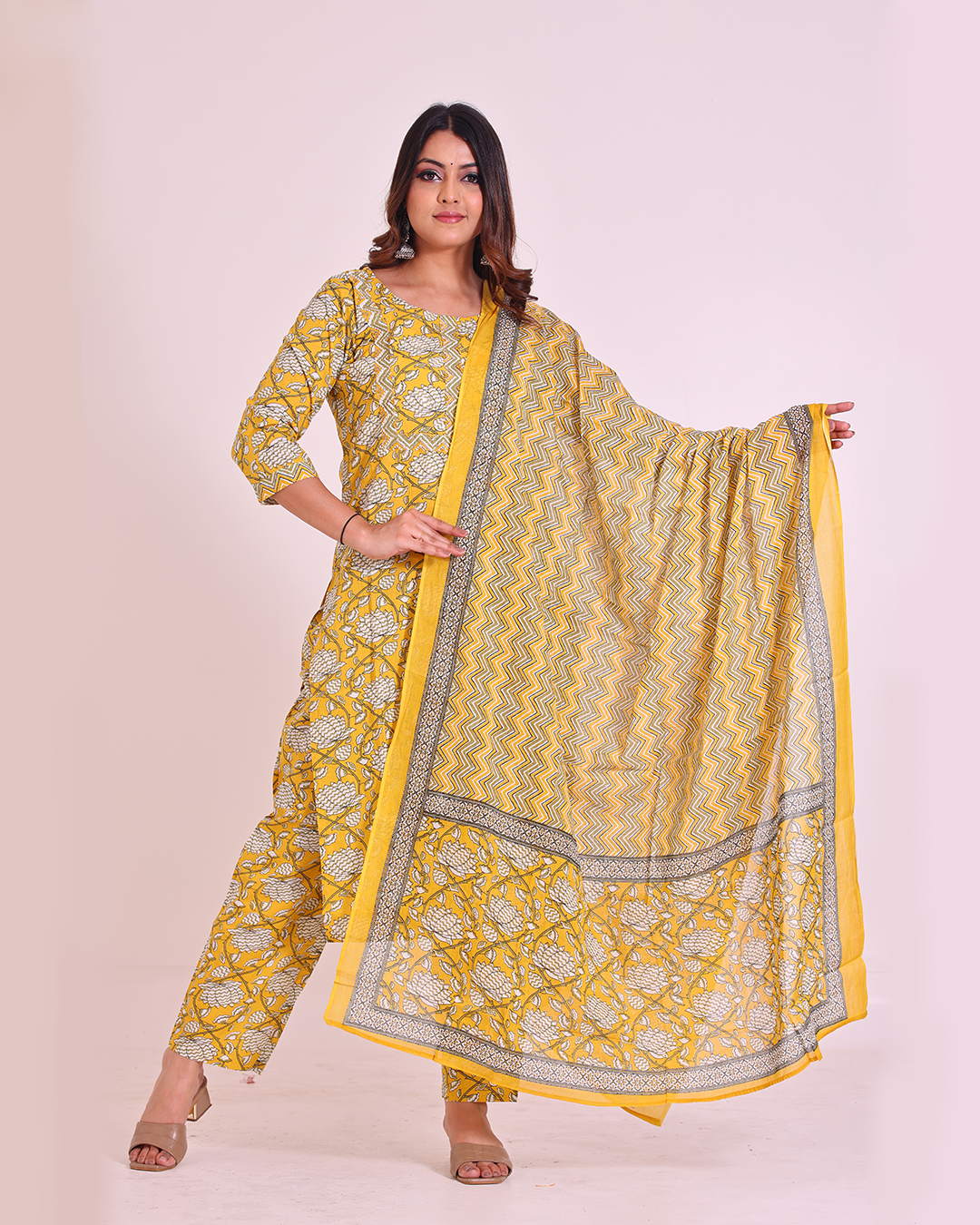 Pure Cotton Round Neck Yellow Digital Print Dupatta Set