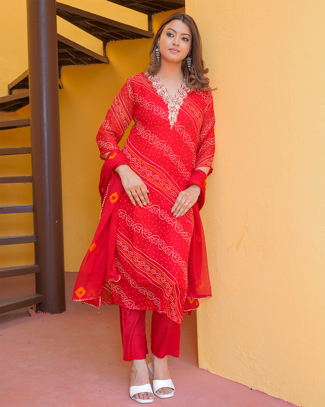 Pure Chiffon Red Bandhej Suit with Bandhani Dupatta and Pant Set in Pure Gotta Patti Work