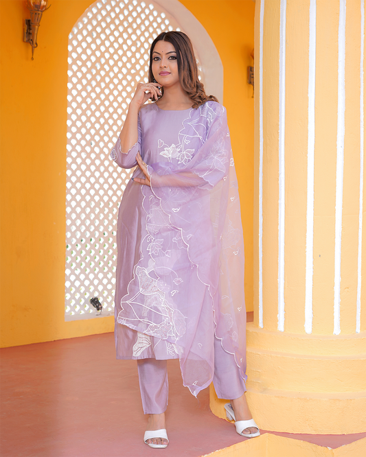 Pure Silk Lavender Suit with Organza Cutwork Dupatta and Heavy Work