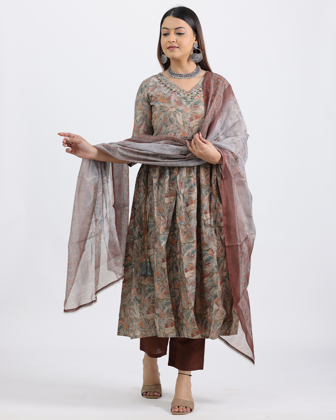 Pure Muslin Silk Brown Frock Suit with Digital Print Dupatta and Sequence Work