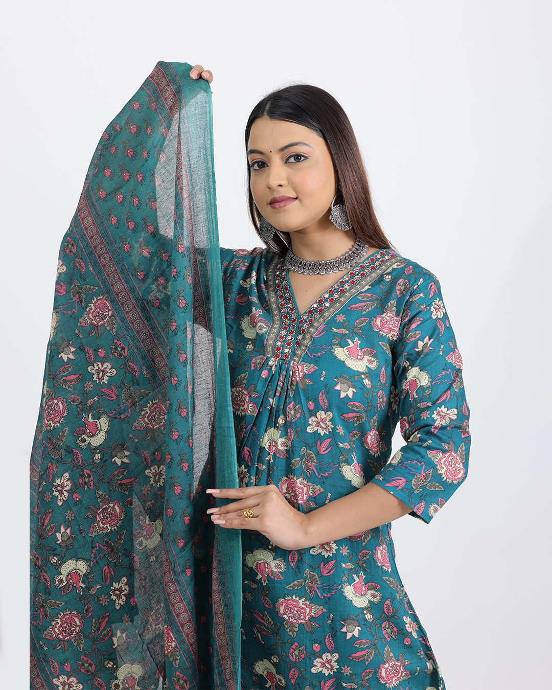 Pure Cotton Firoza Color Digital Print Dupatta Set with Laced Neck