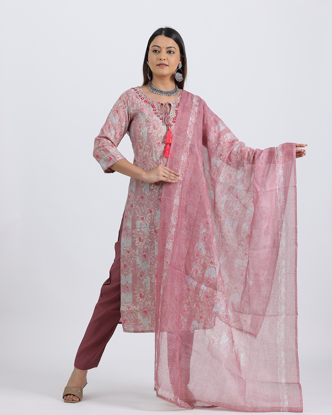 Pure Muslin Silk Onion Pink Suit Set with Digital Print Dupatta and Heavy Neck with Tassels