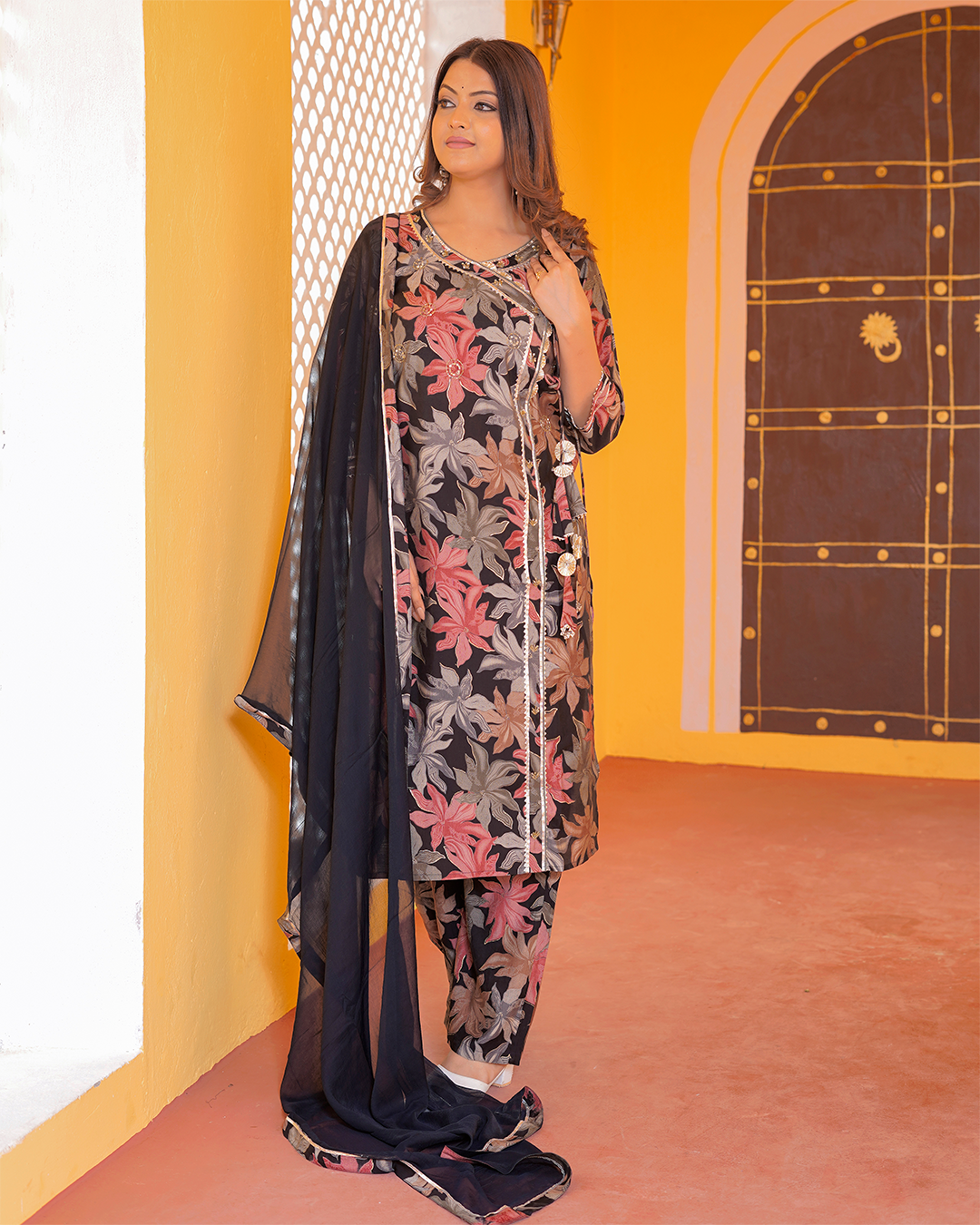 Pure Muslin Silk Black Angrakha Suit