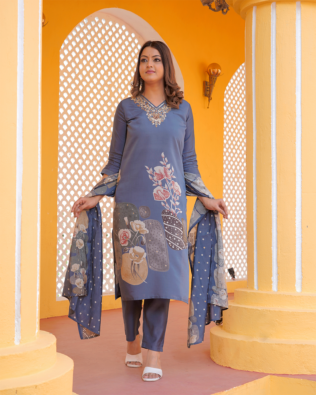 Pure Silk Baby Blue Suit with Silk Digital Print Dupatta and Heavy Work