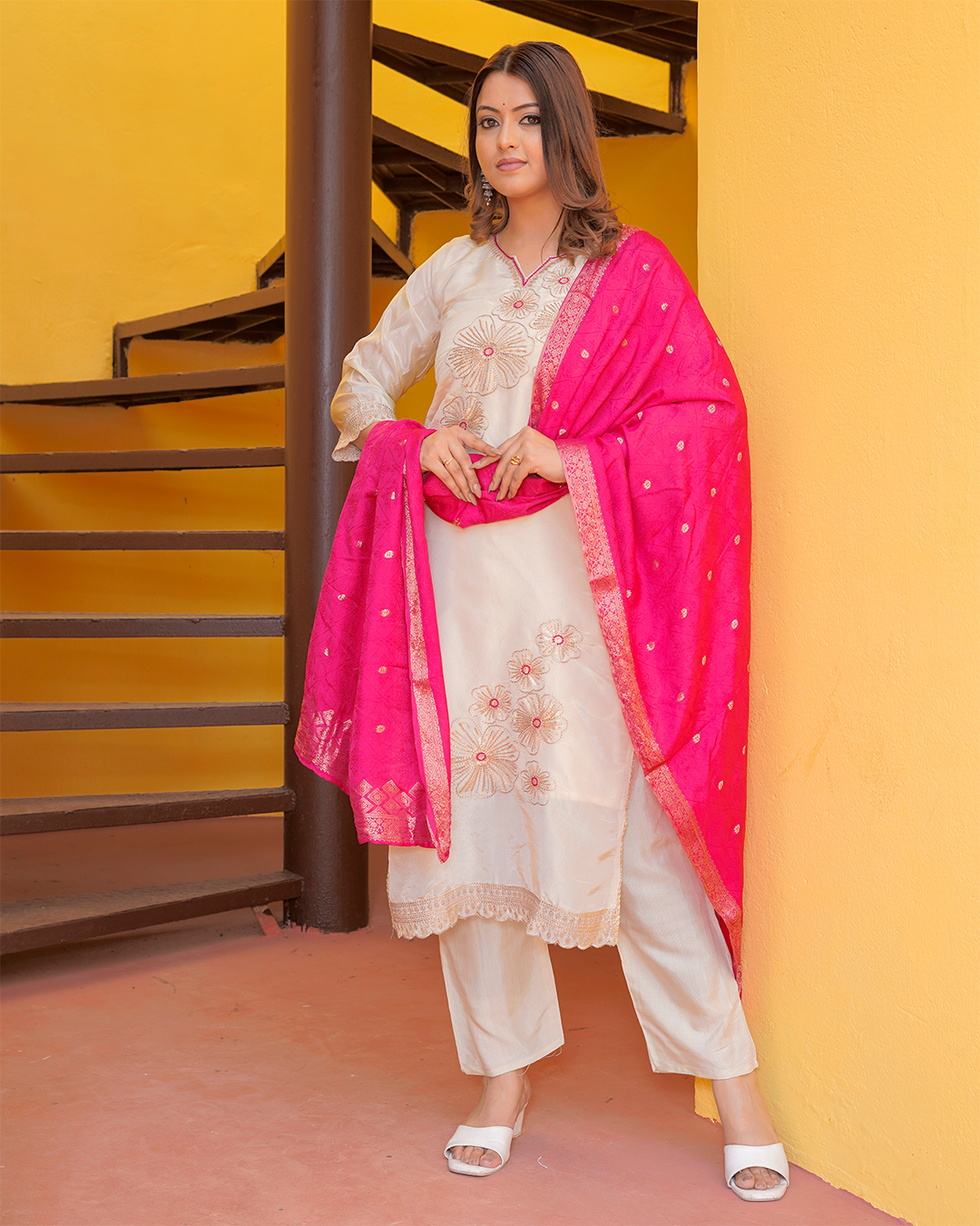 Pure Silk Off-White Suit with Pink Banarasi Dupatta and Zari Work
