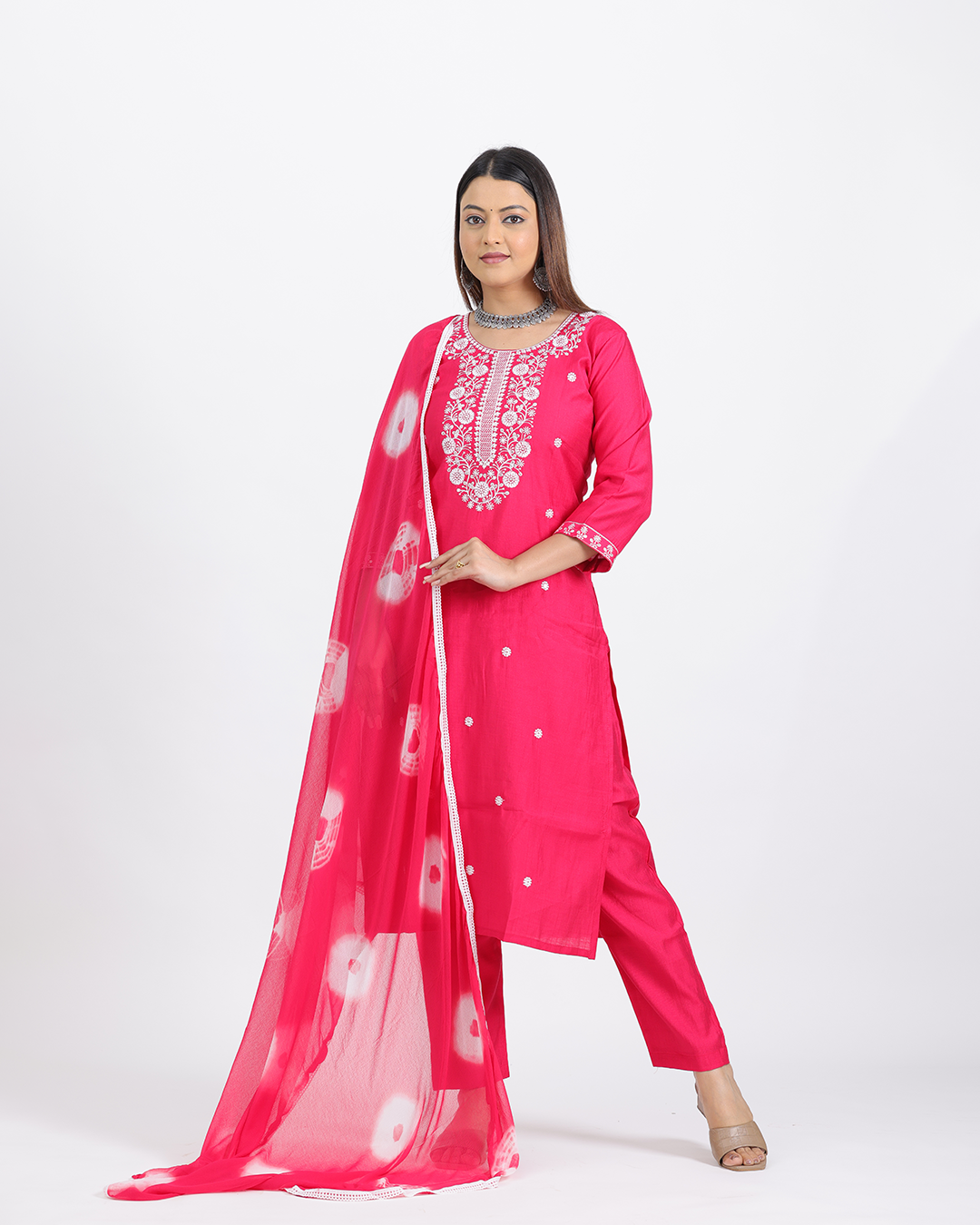 Pure Vatican Silk Pink Suit with Chiffon Bandhani Dupatta and Hand Embroidered Work