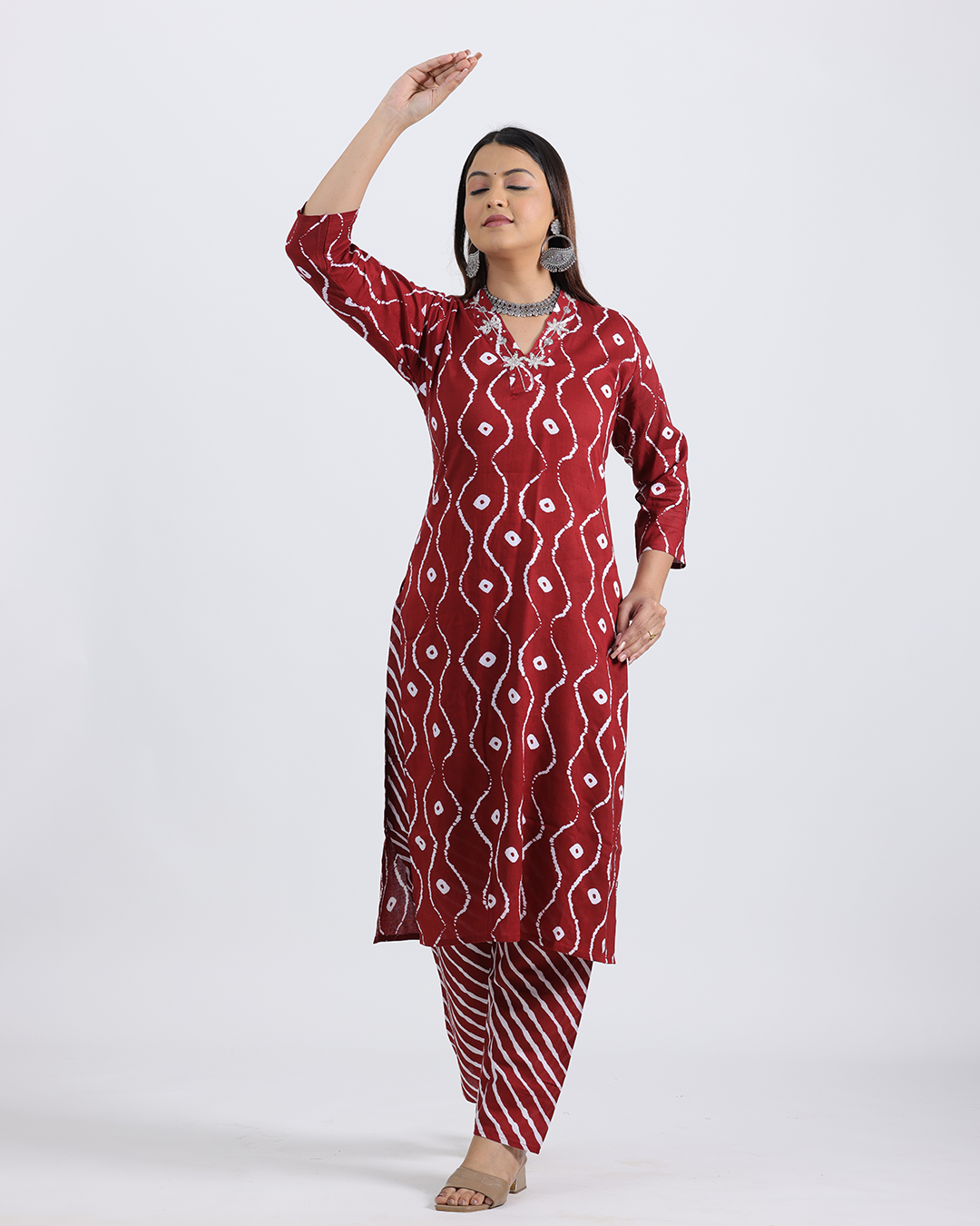 Pure Cotton Maroon Kurta Pant Set with Sequence Work and V-Neckline