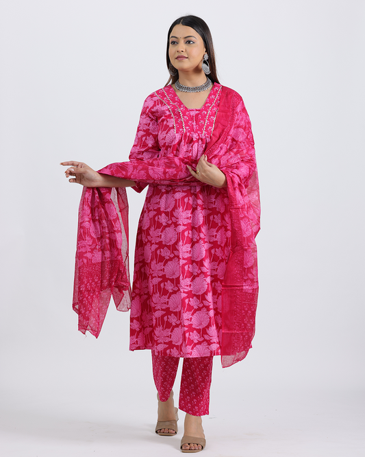 Pure Cotton Pink Suit with Digital Print Dupatta and V-Laced Neckline