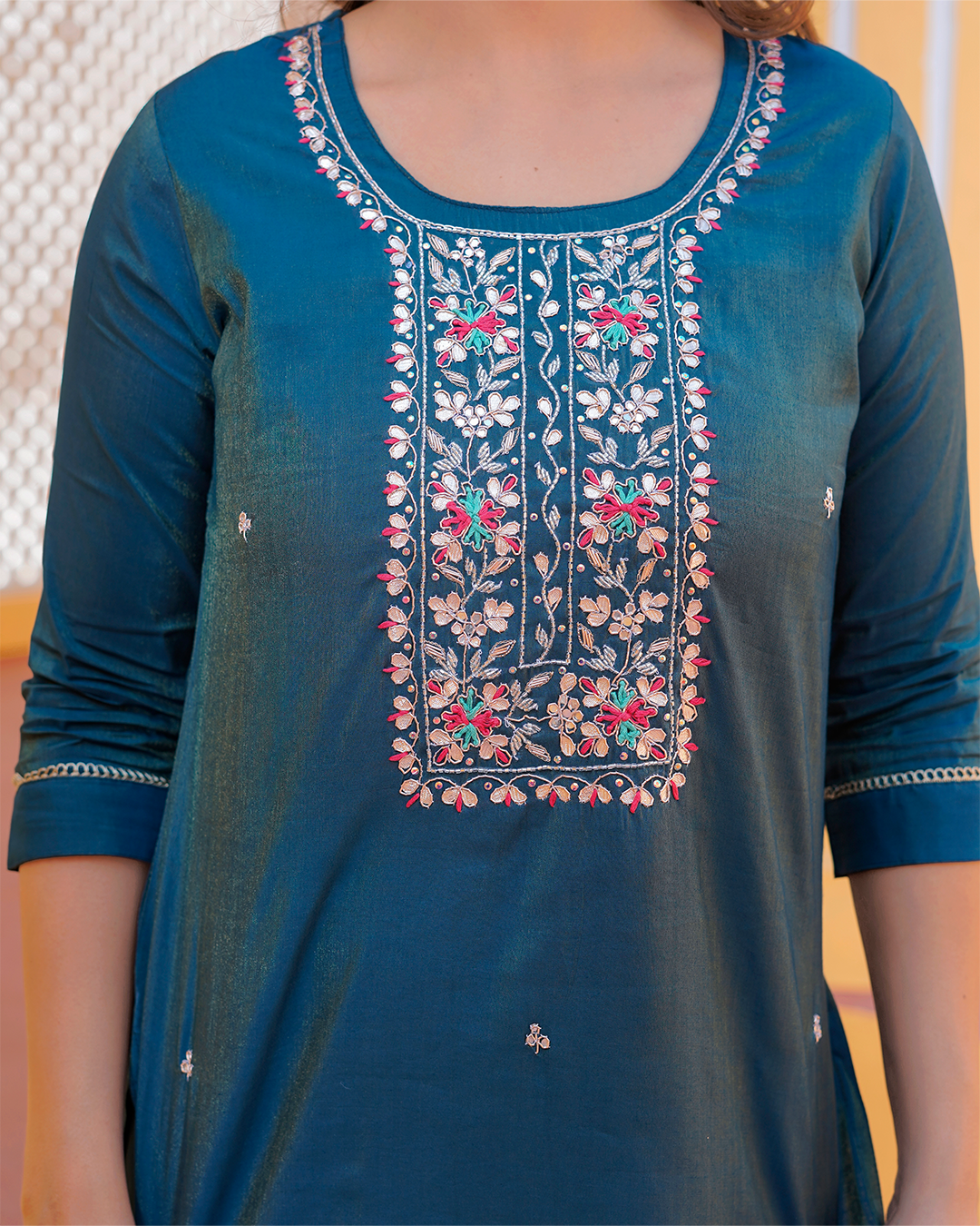 Pure Silk Peacock Blue Suit with Heavy Gotta Patti Work and Banarasi Dupatta