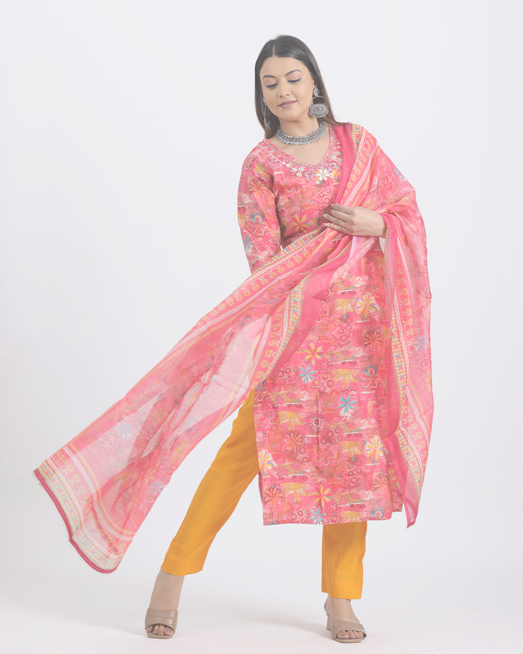 Pure Muslin Silk Yellow and Orange Suit with Digital Print Dupatta and Hand Work on Neck