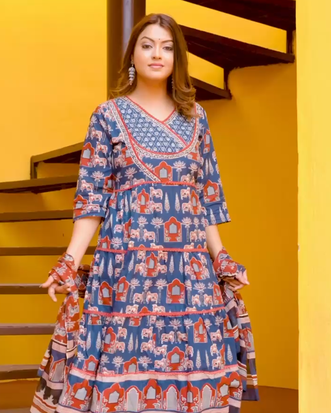 Pure Cotton Blue and Maroon Ajrakh Print Frock Suit with Dupatta