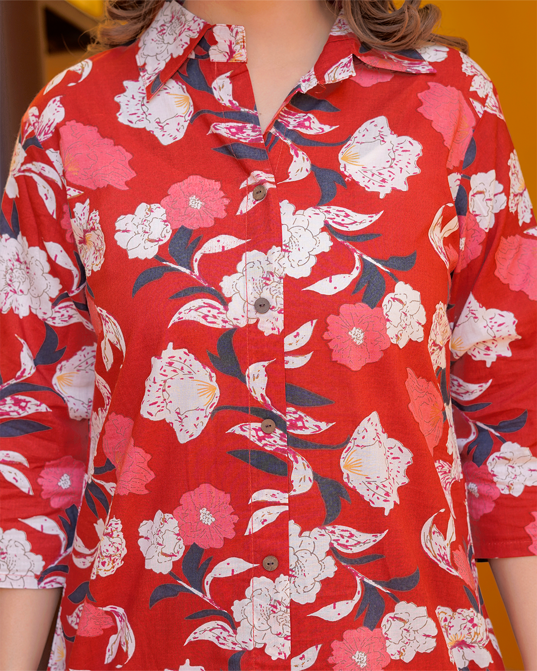 Pure Cotton Red Tunic Kurta Pant Set in Floral Print