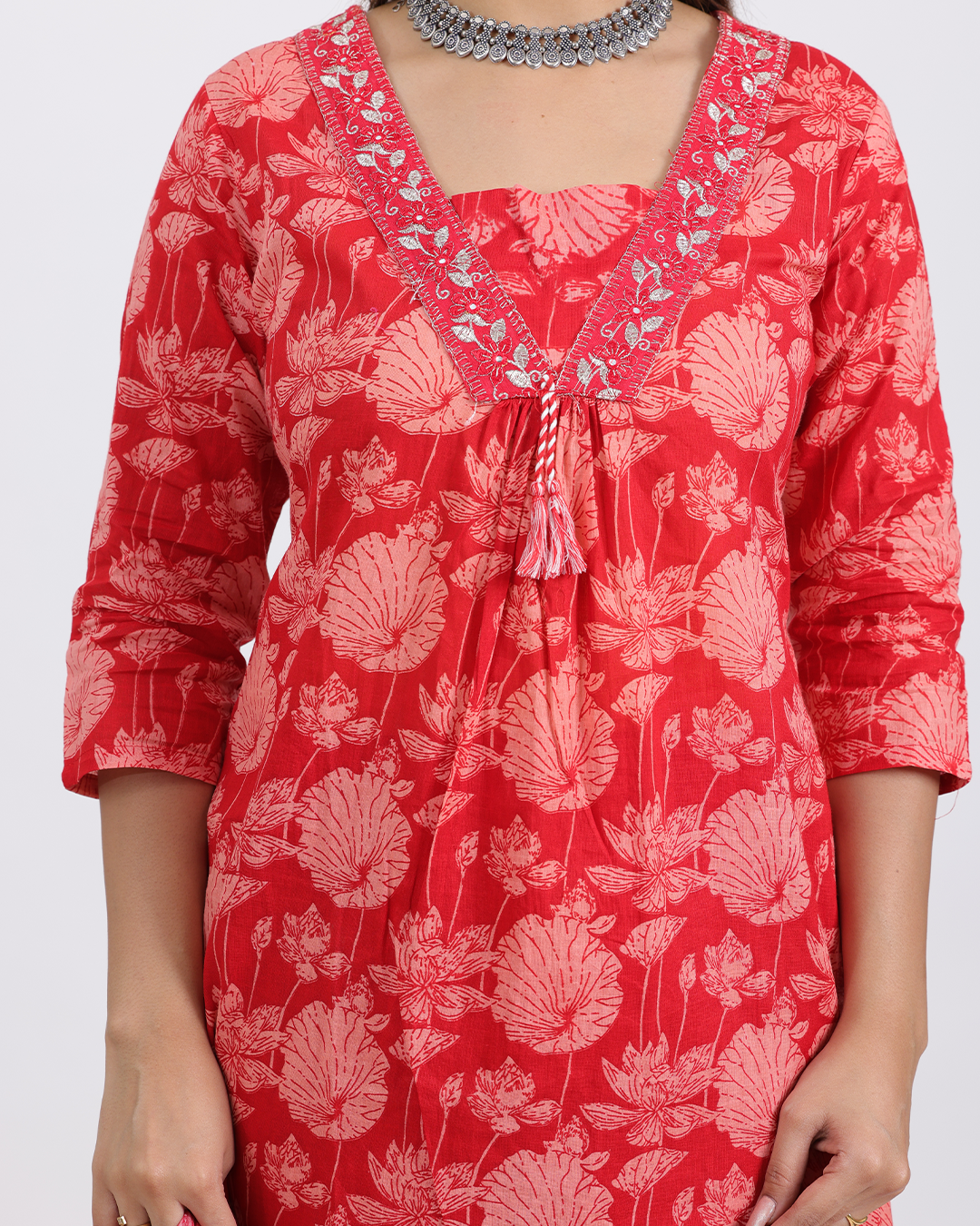 Pure Cotton Red Digital Print Suit with V-Laced Neck and Dupatta