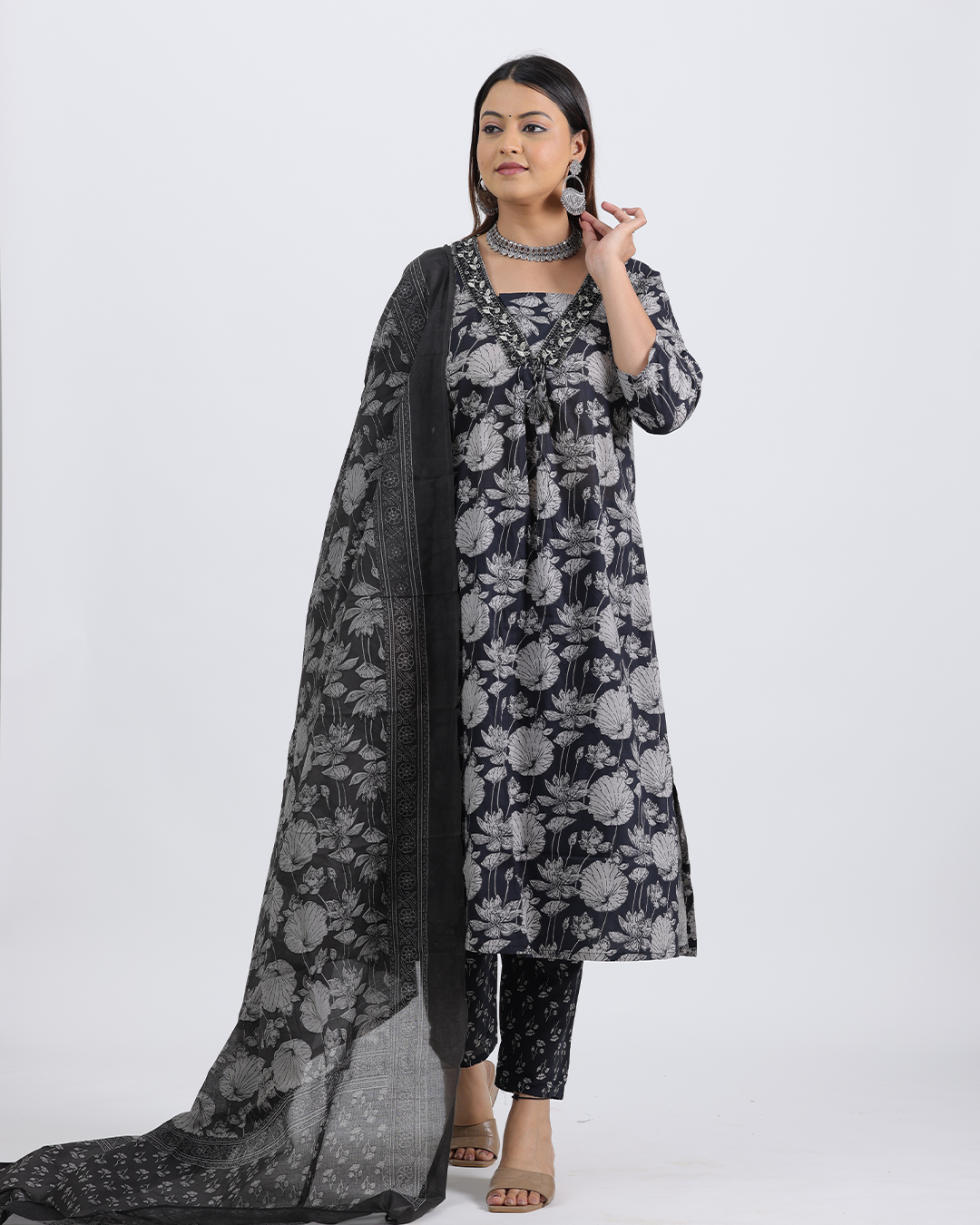 Pure Cotton Black Suit with Digital Print Dupatta and V-Laced Neckline