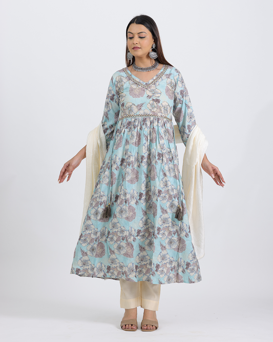 Pure Muslin Silk Off White and Sky Blue Frock Suit with Digital Print Dupatta and Sequence Work