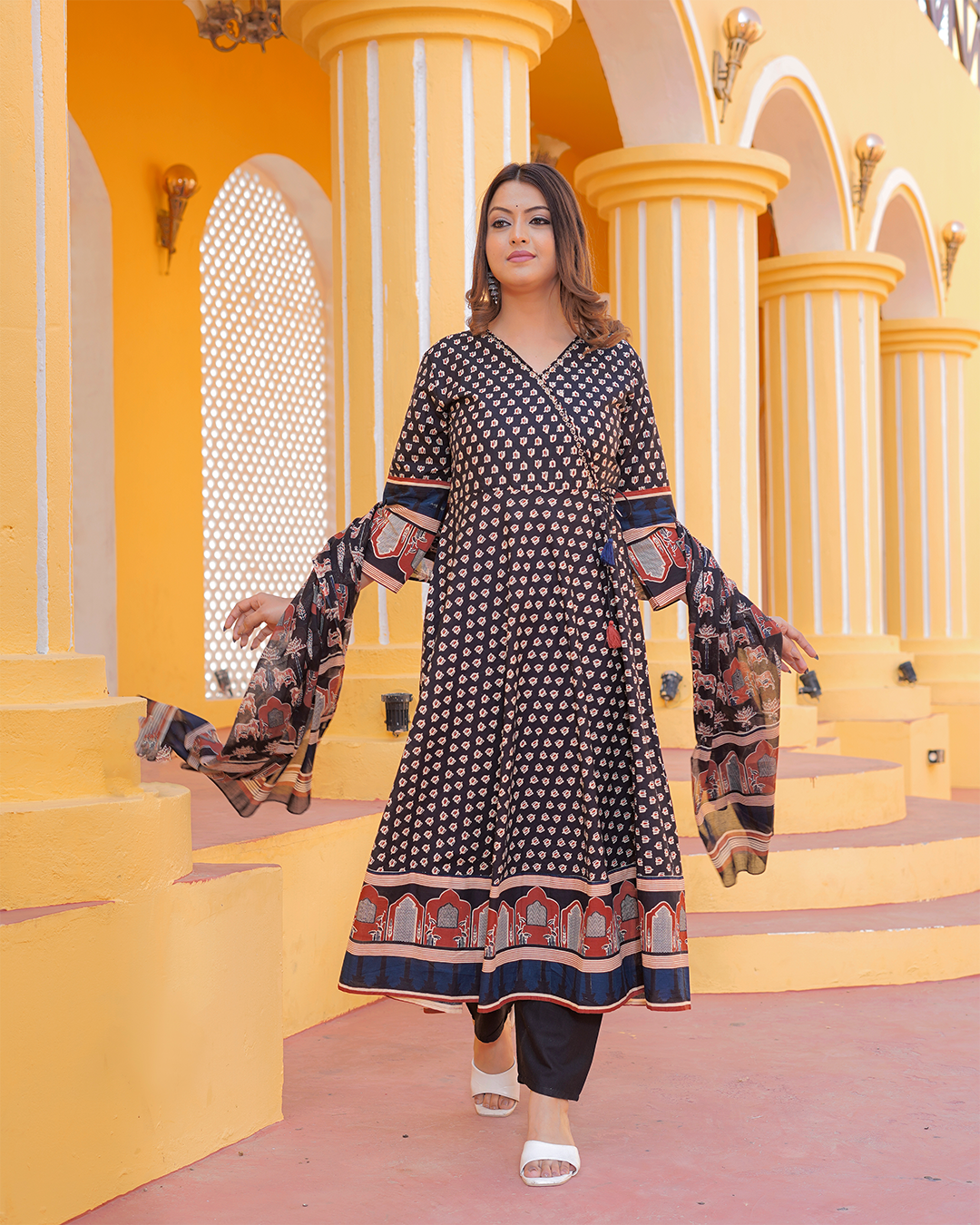 Pure Cotton Black Angrakha Frock Suit with Ajrakh Print