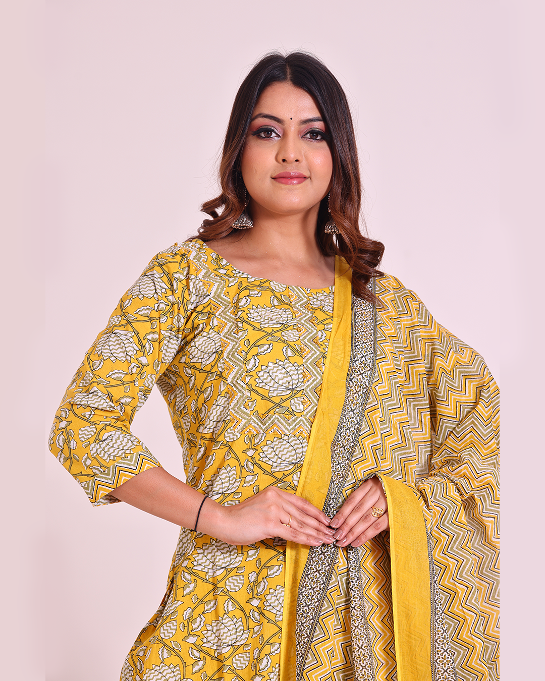 Pure Cotton Round Neck Yellow Digital Print Dupatta Set